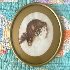 Beautiful vintage oval girl’s portrait artwork drawing